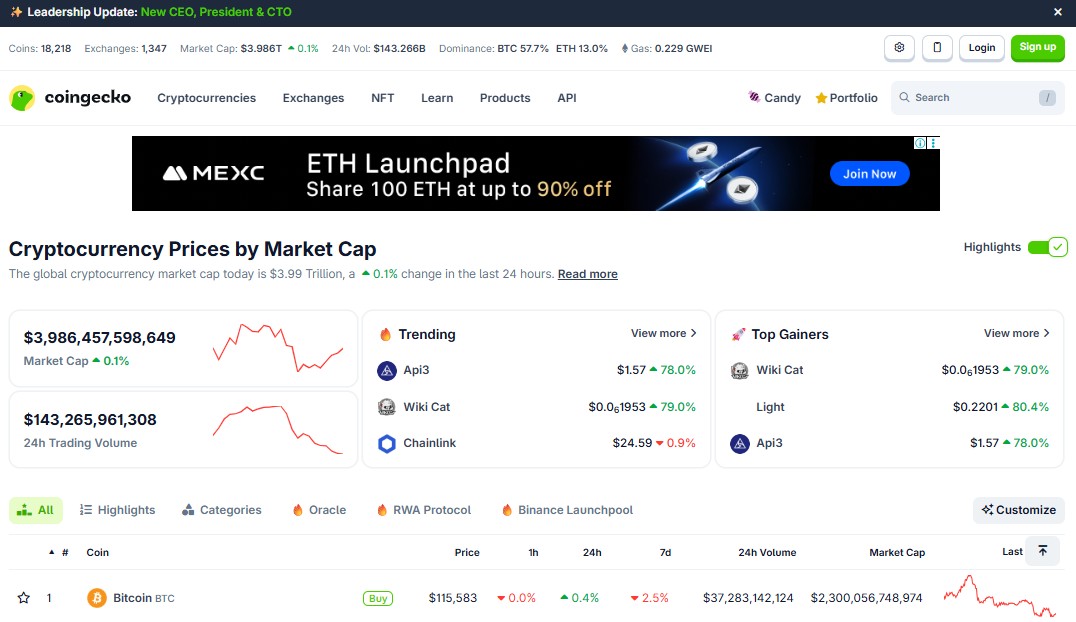 Coingecko price tracking