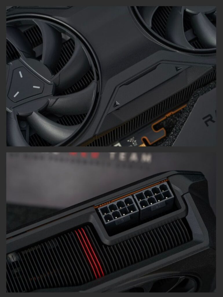 RX 7800 XT cooling fins and 8-pin power connector detail