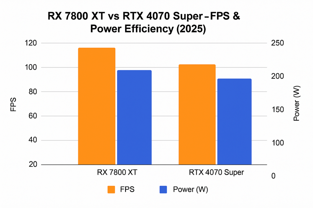 RX 7800 XT vs RTX 4070 Super FPS and power comparison chart (2025)