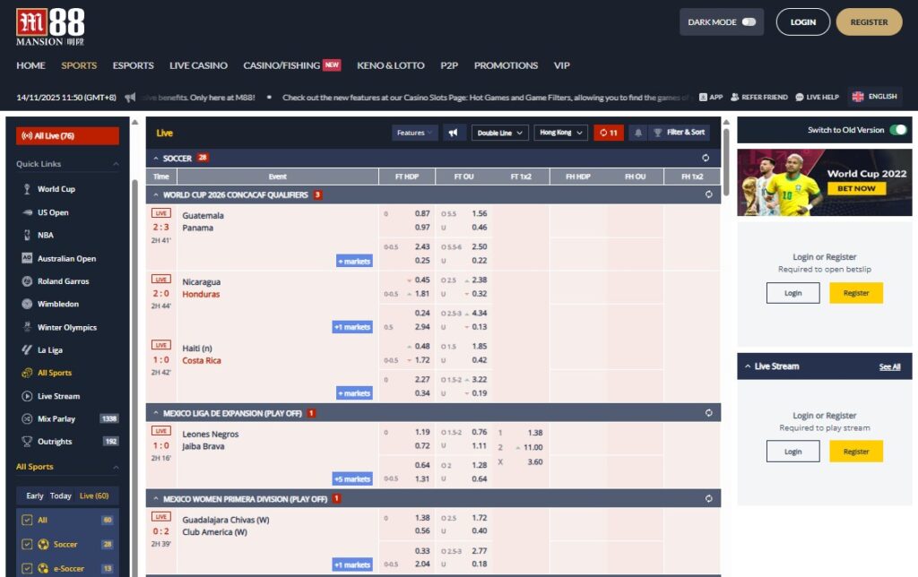 M88 Sports betting UI