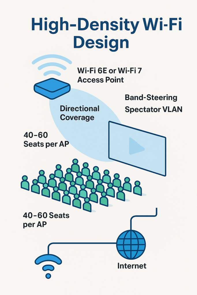 High-density Wi-Fi design diagram for a 1,000-seat esports arena showing AP placement, 6 GHz coverage zones, directional antennas, and spectator VLAN separation.