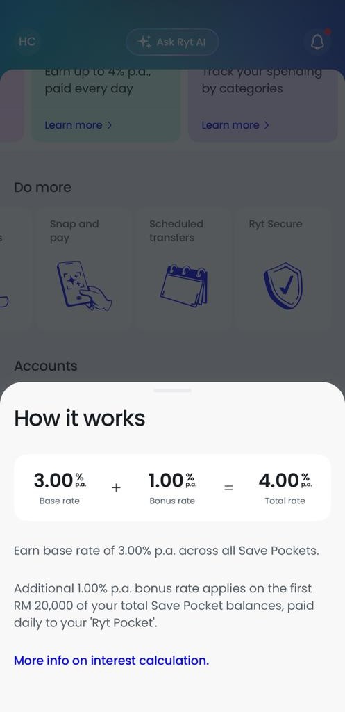 Ryt Save Pockets promotion: up to 4.00% p.a. with daily interest, first RM20,000 bonus.