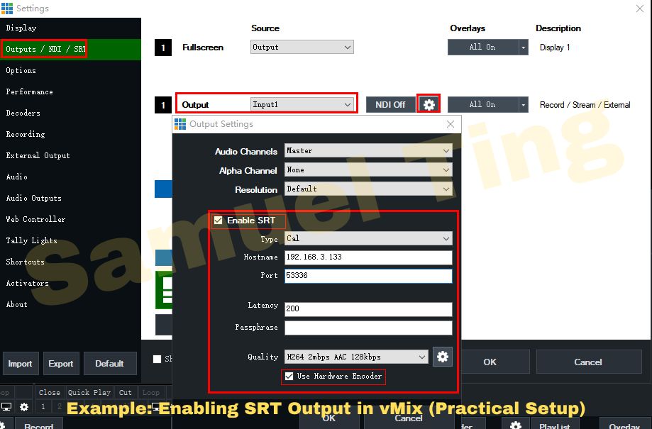 vMix SRT output configuration example with IP, port, and latency settings
